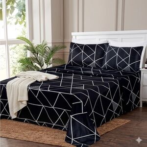King 6Pc Sheet Set Black White Geometric 8000 Series NEW Deep Pocket